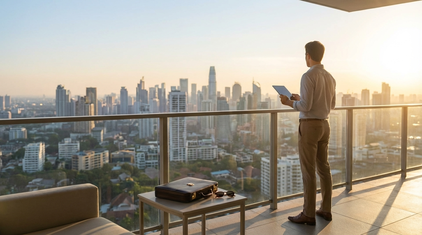 Financial professional overlooking a skyline from a balcony